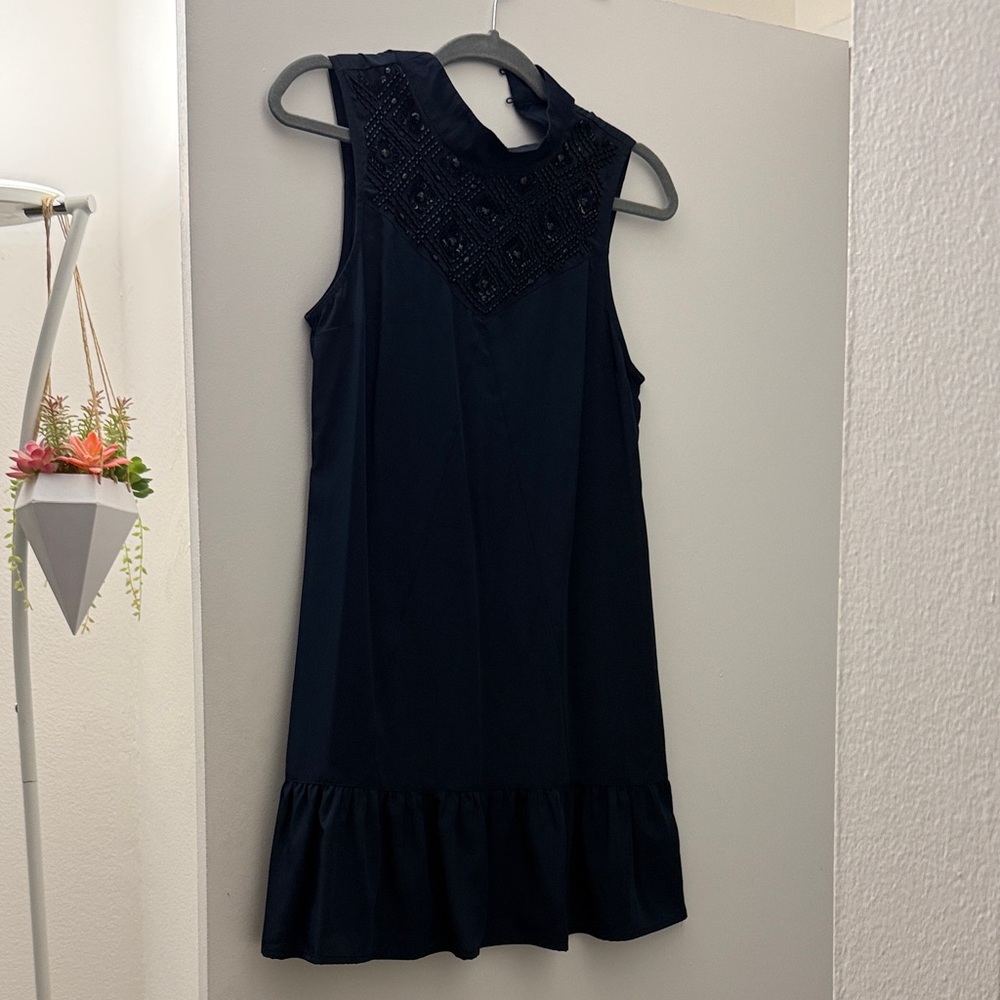 Elegant Navy Sleeveless Dress with Beaded Neckline